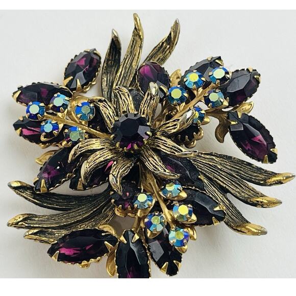 Vintage Unsigned Selro Selini Purple Rhinestone Brooch AB Flower Spray Lapel Pin - Picture 7 of 14